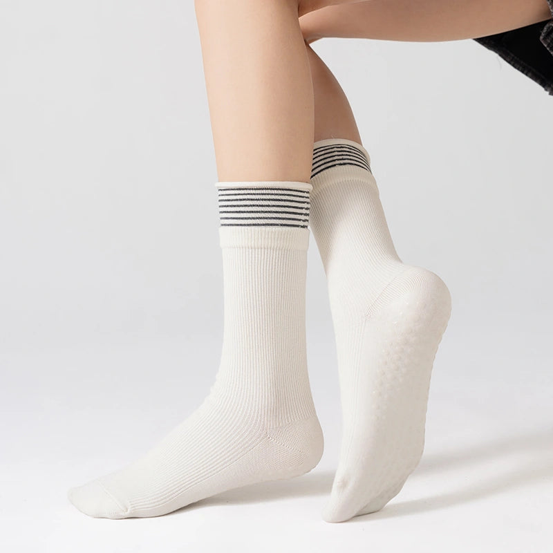 Beige Striped Pilates Grip Socks 02