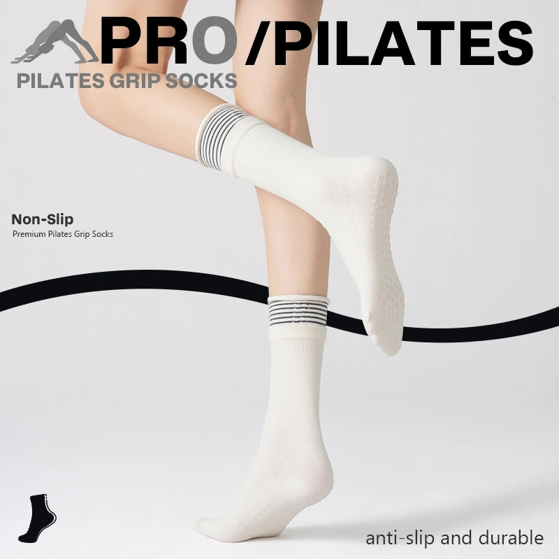 Beige Striped Pilates Grip Socks