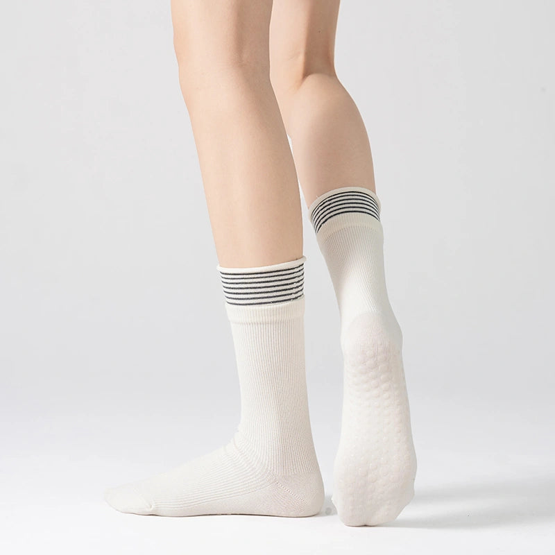 Beige Striped Pilates Grip Socks 07