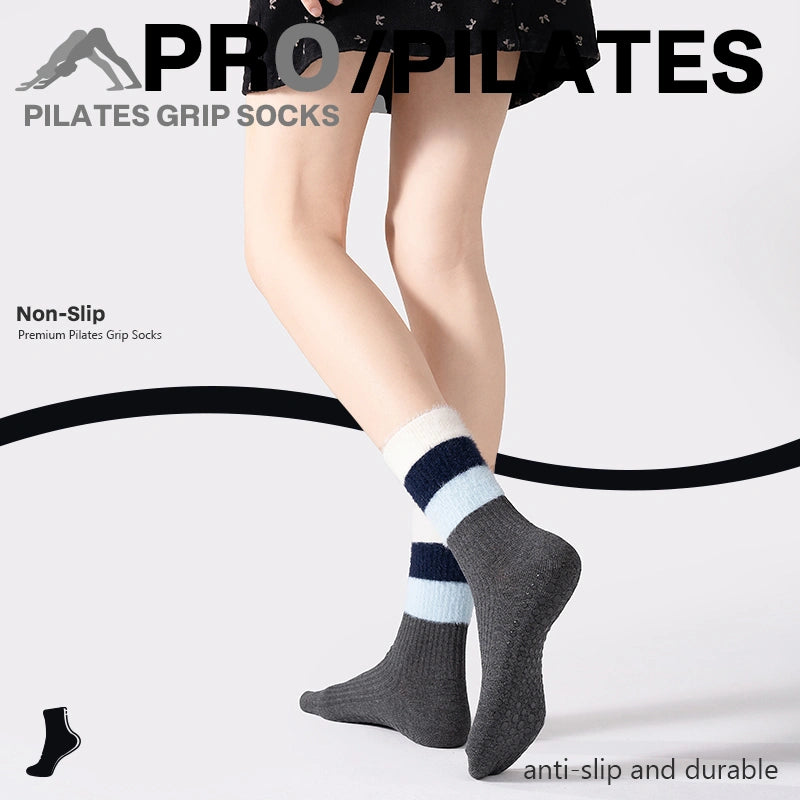 Cotton Full Toe Pilates Grip Socks Ash Gray Soft Fuzzy Knit Style