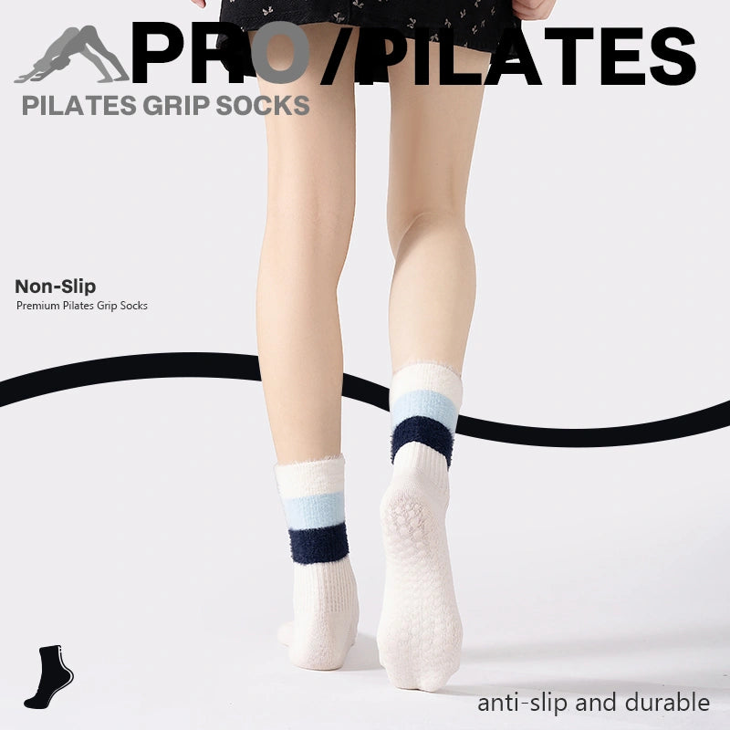 Cotton Full Toe Pilates Grip Socks Cream Plush Soft Knit Style