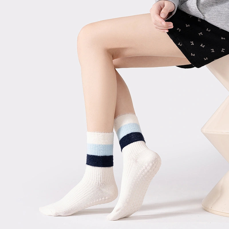 Cotton Full Toe Pilates Grip Socks Cream Soft Knit Comfort Style 02