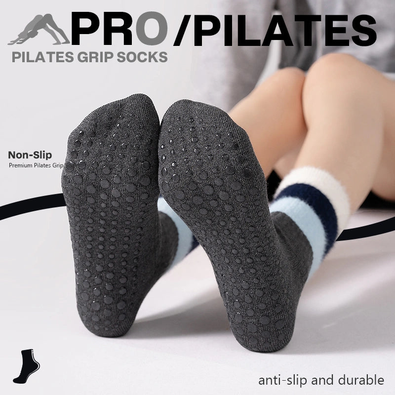 Cotton Full Toe Pilates Grip Socks Mist Gray Fuzzy Soft Knit Style