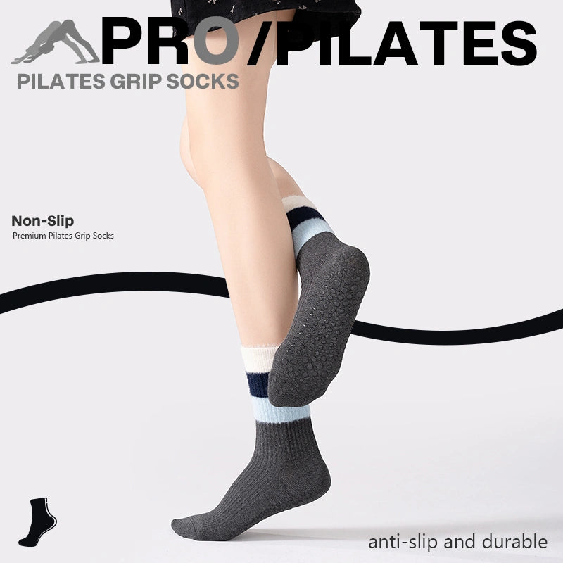 Cotton Full Toe Pilates Grip Socks Mist Gray Plush Cozy Knit