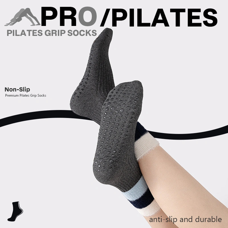 Cotton Full Toe Pilates Grip Socks Soft Mist Gray Fuzzy Comfort