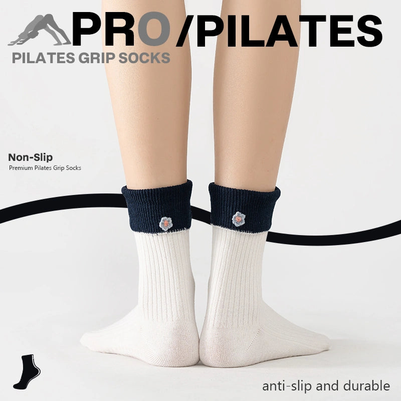Floral Colorblock White Blue Pilates Grip Socks