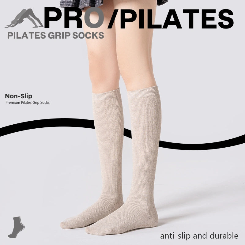 Mid-Calf Non-Slip Gray Ribbed Slim Pilates Yoga Grip Socks 01