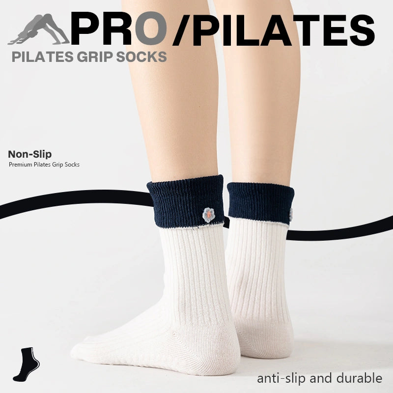 Mocha Floral Colorblock White Star Blue Yoga & Pilates Grip Socks