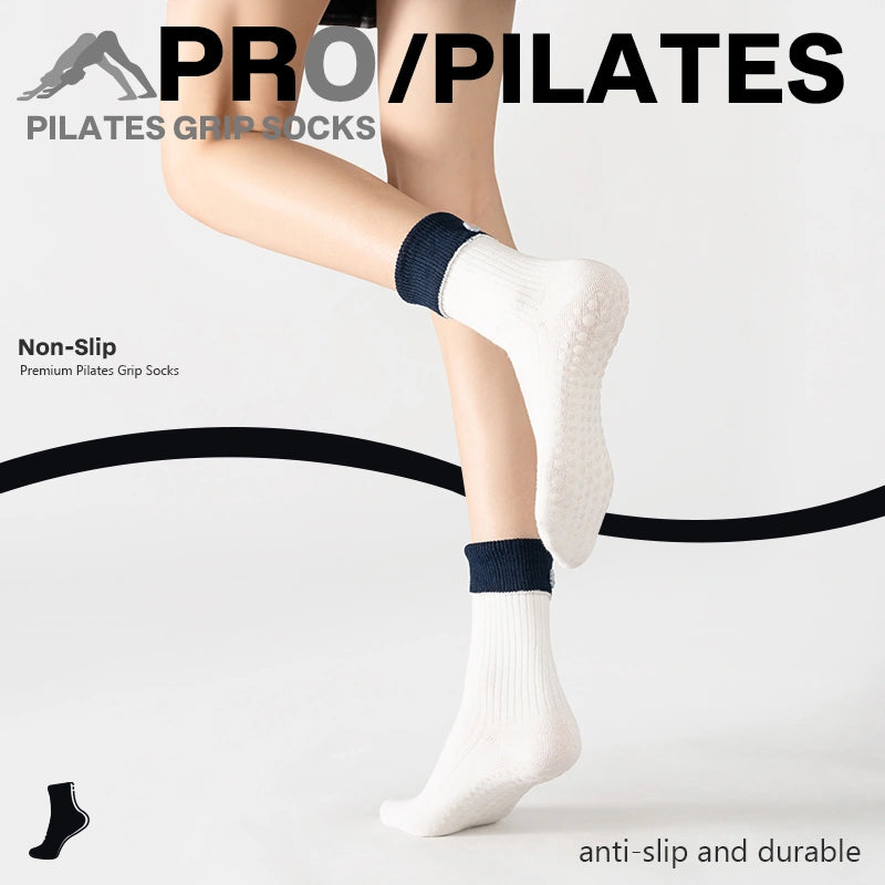Mocha Floral White Blue Pilates Grip Socks
