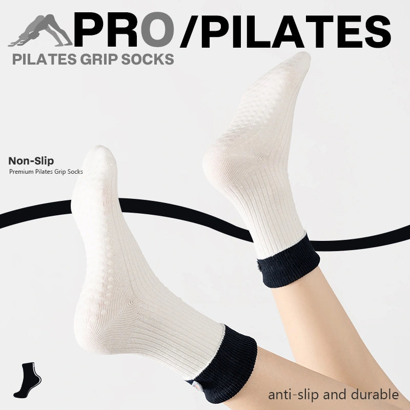 Mocha Floral White Star Blue Non-Slip Pilates Socks
