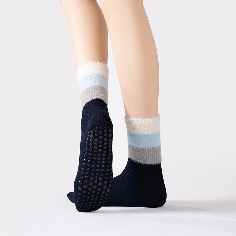 Navy Fuzzy Pilates Grip Socks