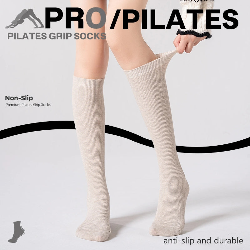 Non-Slip Mid-Calf Gray Ribbed Slim Fit Pilates Yoga Grip Socks 01
