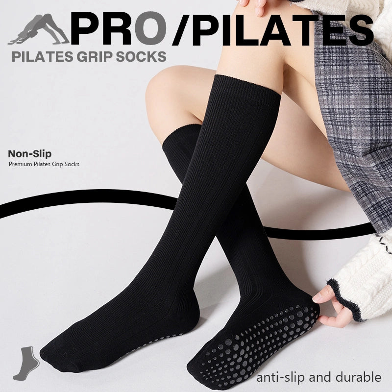 Non-Slip Mid-Calf Gray Ribbed Slim Pilates Yoga Essential Socks 01