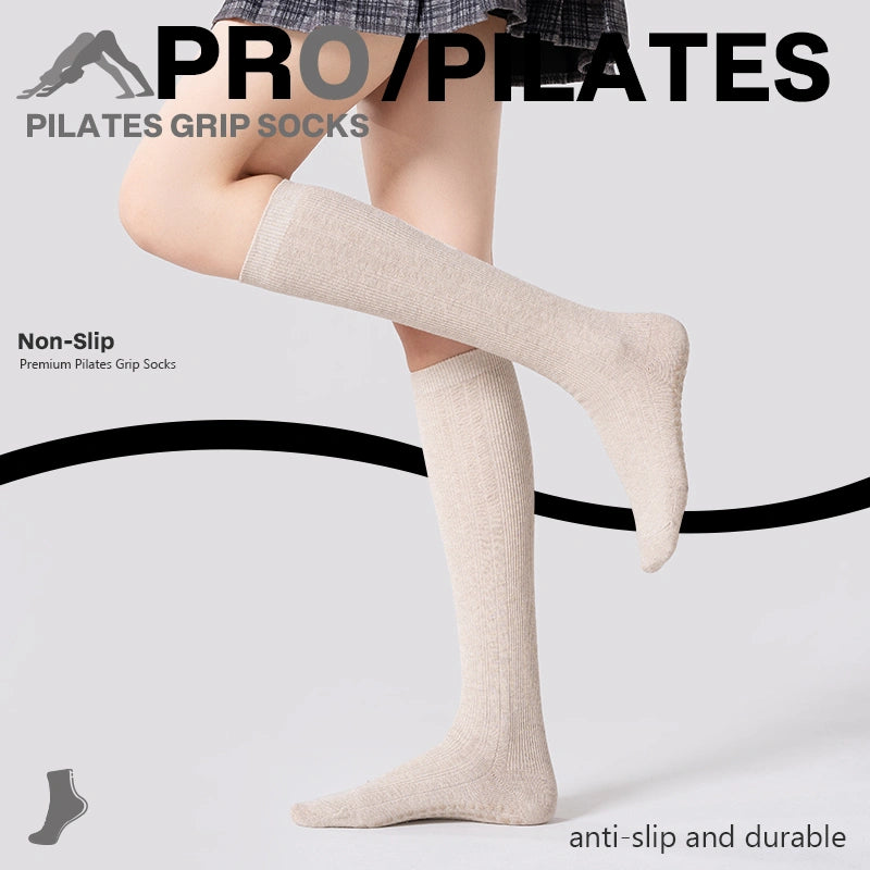 Non-Slip Mid-Calf Gray Ribbed Slim Pilates Yoga Grip Socks 01