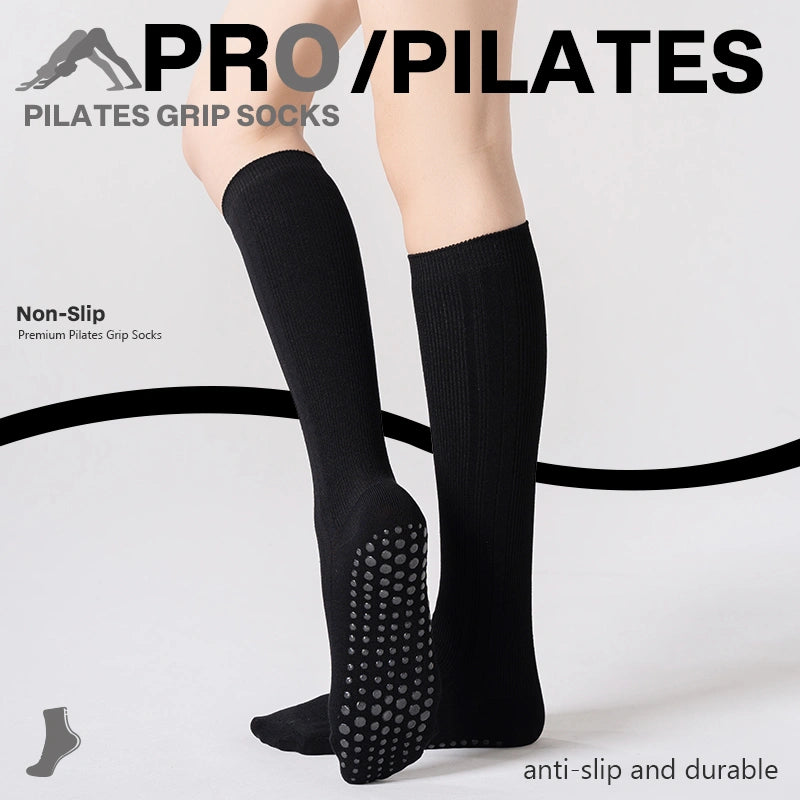 Non-Slip Mid-Calf Gray Ribbed Slim Pilates Yoga Studio Socks 01