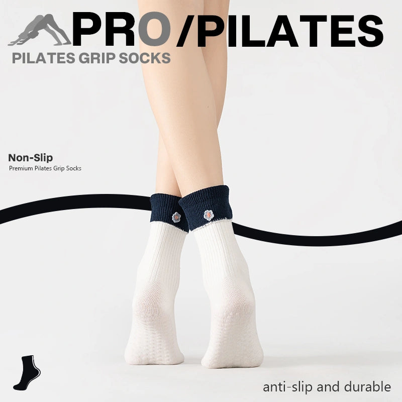 Soft Mocha Floral White Star Blue Pilates Grip Socks