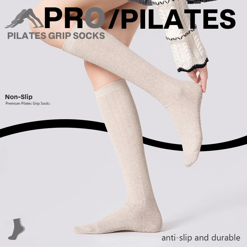 Yoga Socks Mid-Calf Gray Ribbed Slim Non-Slip Pilates Style 01