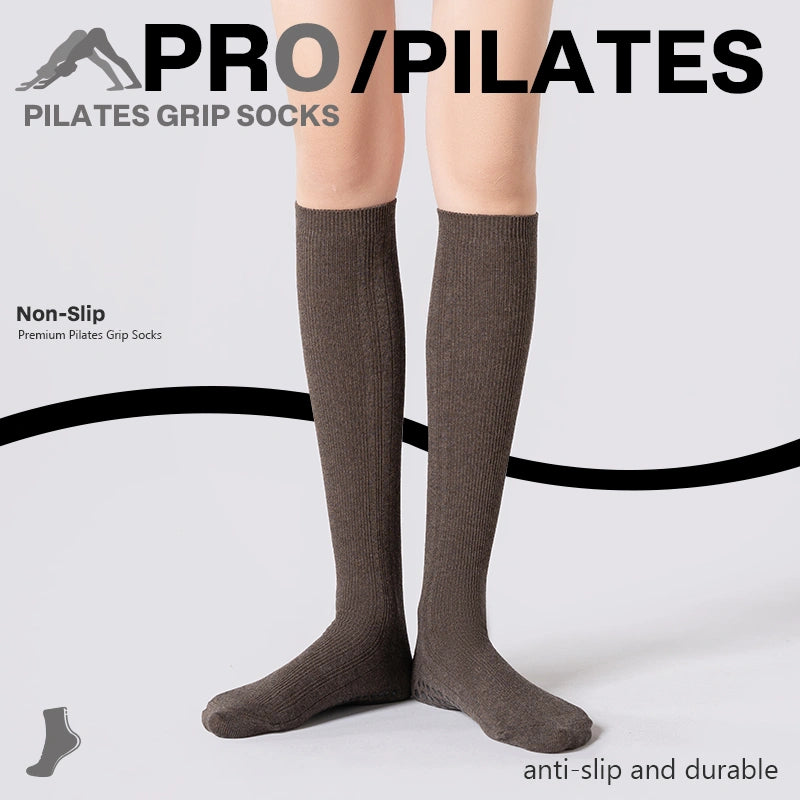 Yoga Socks Non-Slip Mid-Calf Gray Ribbed Slim Fit Pilates Style 01