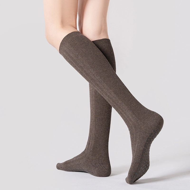 Yoga Socks Non-Slip Mid-Calf Gray Ribbed Slim Fit Pilates Style 02