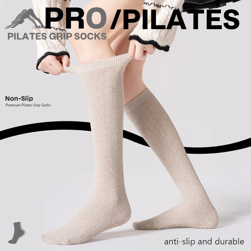Yoga Socks Non-Slip Mid-Calf Gray Ribbed Slim Studio Pilates Style 01