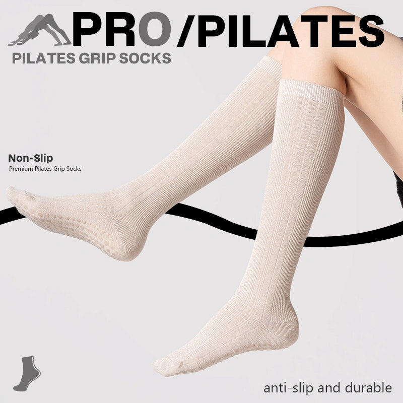 Yoga Socks Non-Slip Mid-Calf Ribbed Gray Slim Pilates Style 01